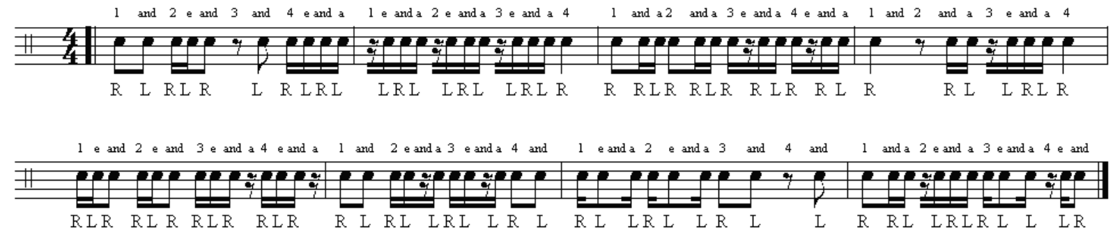 Excerpt from the Begin Drumming book showing an exercise in semiquaver rests with suggested sticking patterns